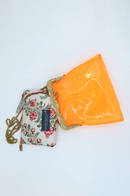 Buy Vareli Bafna Orange Printed Pouch Zafraan Vinyl Clutch With Online at Aza Fashions Buy_Vareli Bafna_Orange Printed Pouch Zafraan Vinyl Clutch With_Online_at_Aza_Fashions