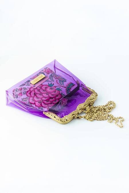 Vareli Bafna_Purple Printed Pouch Banafsa Vinyl Clutch With_Online_at_Aza_Fashions