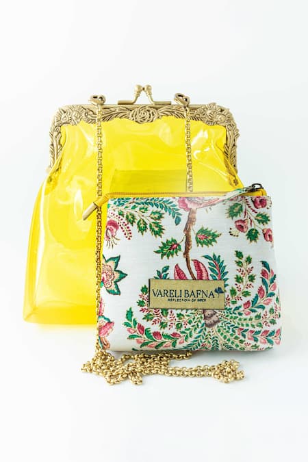 Vareli Bafna Yellow Printed Pouch Afsar Vinyl Clutch With 