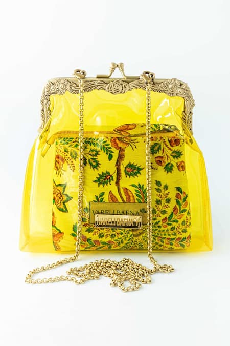 Shop Vareli Bafna Yellow Printed Pouch Afsar Vinyl Clutch With at Aza Fashions Shop_Vareli Bafna_Yellow Printed Pouch Afsar Vinyl Clutch With_at_Aza_Fashions