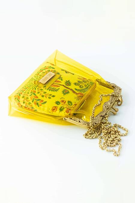 Vareli Bafna Yellow Printed Pouch Afsar Vinyl Clutch With Online at Aza Fashions Vareli Bafna_Yellow Printed Pouch Afsar Vinyl Clutch With_Online_at_Aza_Fashions