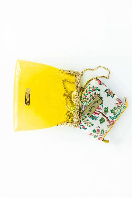 Buy Vareli Bafna Yellow Printed Pouch Afsar Vinyl Clutch With Online at Aza Fashions Buy_Vareli Bafna_Yellow Printed Pouch Afsar Vinyl Clutch With_Online_at_Aza_Fashions