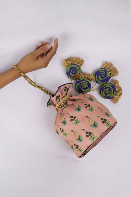 Shop Vareli Bafna Pink Fleur Wall Art Print Potli Bag at Aza Fashions Shop_Vareli Bafna_Pink Fleur Wall Art Print Potli Bag_at_Aza_Fashions