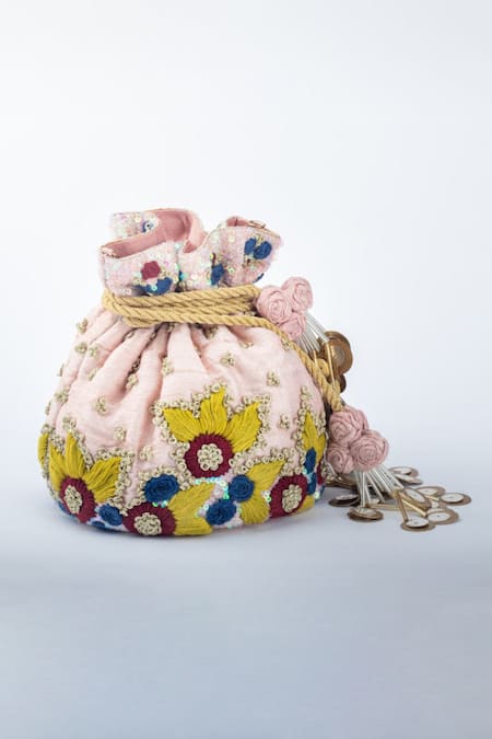 Vareli Bafna Pink Zari Knot Thread And Flora Embroidered Potli Bag 