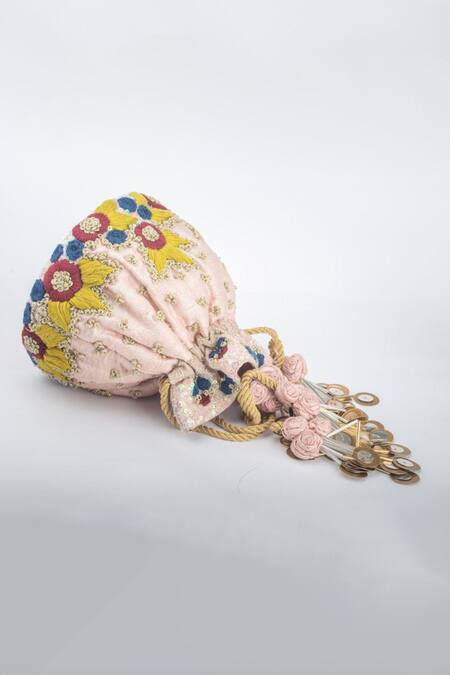 Vareli Bafna_Pink Zari Knot Thread And Flora Embroidered Potli Bag_Online_at_Aza_Fashions