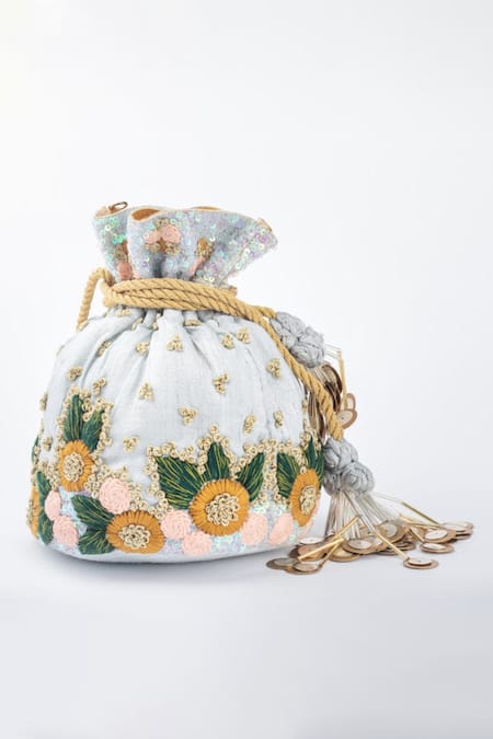 Vareli Bafna Blue Zari Knot Thread And Bloom Embroidered Potli Bag 