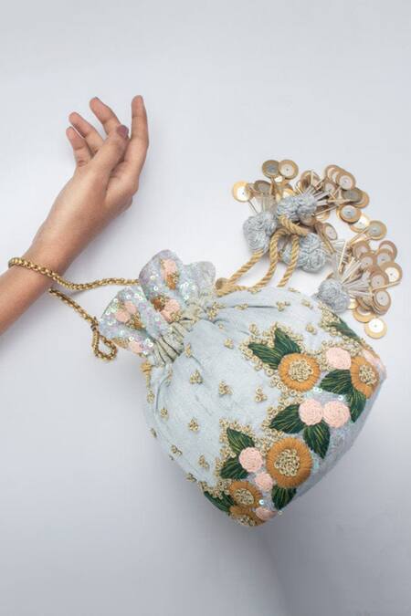 Shop Vareli Bafna Blue Zari Knot Thread And Bloom Embroidered Potli Bag at Aza Fashions Shop_Vareli Bafna_Blue Zari Knot Thread And Bloom Embroidered Potli Bag_at_Aza_Fashions