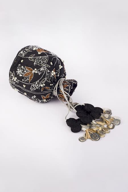 Vareli Bafna_Black Pearls Safari Flora Embroidered Potli Bag _Online_at_Aza_Fashions
