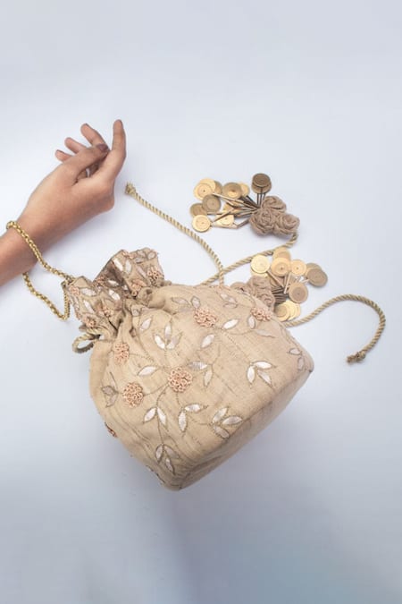 Shop Vareli Bafna Gold Gota Patti, Embroidery Jhoomer French Knot Bloom Potli Bag at Aza Fashions Shop_Vareli Bafna_Gold Gota Patti, Embroidery Jhoomer French Knot Bloom Potli Bag_at_Aza_Fashions