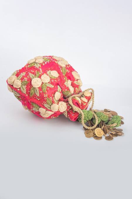 Vareli Bafna_Pink Zardozi Rosa And Sequin Embroidered Potli Bag_Online_at_Aza_Fashions