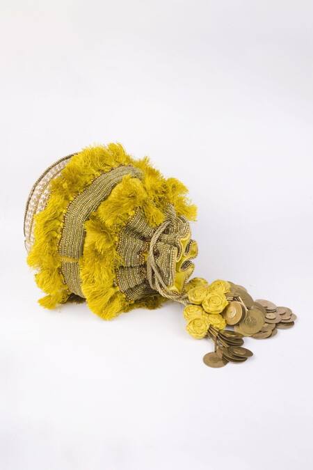 Vareli Bafna_Yellow Beads Jute Tassel And Beadwork Embellished Potli Bag_Online_at_Aza_Fashions