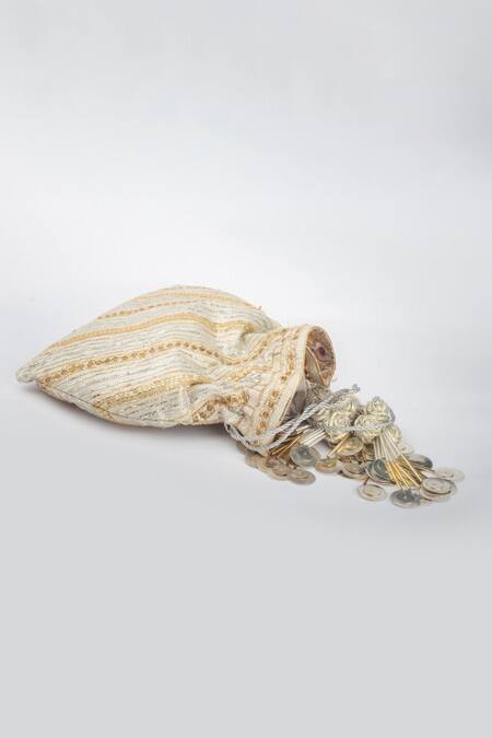 Vareli Bafna_Silver Pitta Dewdrop And Sequin Work Potli Bag_Online_at_Aza_Fashions