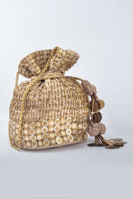 Vareli Bafna Gold Coin O Zari And Cutdana Embellished Potli Bag 