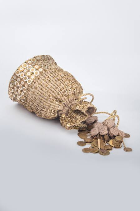 Vareli Bafna Gold Coin O Zari And Cutdana Embellished Potli Bag Online at Aza Fashions Vareli Bafna_Gold Coin O Zari And Cutdana Embellished Potli Bag_Online_at_Aza_Fashions