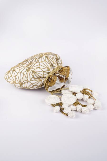 Vareli Bafna_White Dori Finn Jaal Embroidered Potli Bag_Online_at_Aza_Fashions