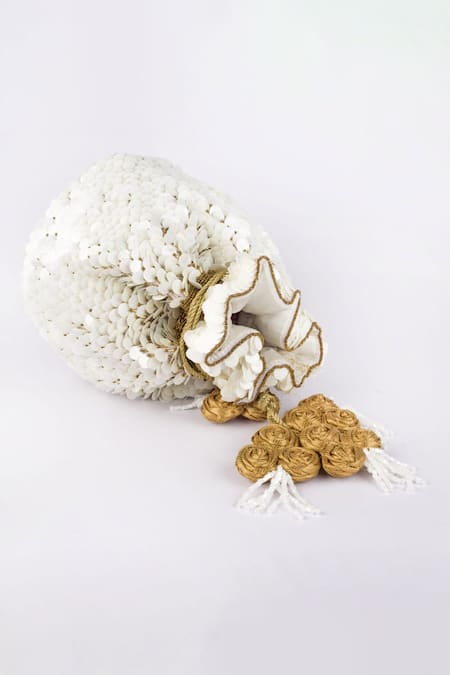 Vareli Bafna_White Sequin Champa And Bead Embellished Potli Bag_Online_at_Aza_Fashions