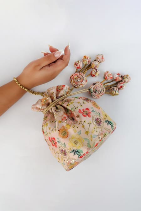 Vareli Bafna Bagh Print & French Knot Embroidered Potli Bag 