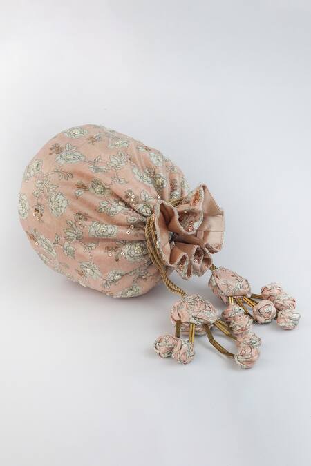 Vareli Bafna_Pink Pearls, Sequins Vintage Bloom Print Embellished Potli Bag_Online_at_Aza_Fashions