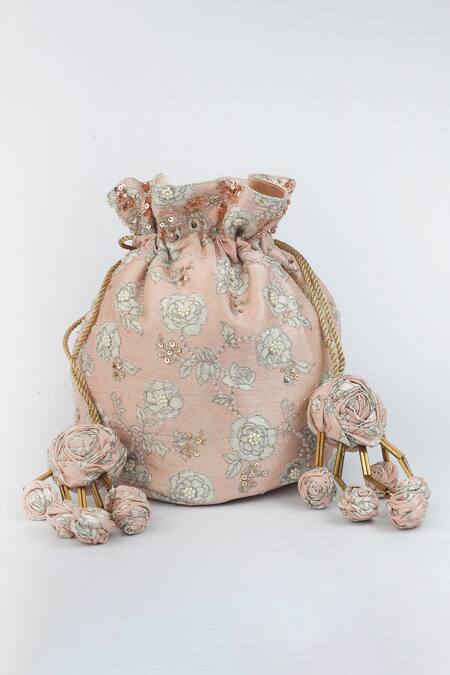 Buy_Vareli Bafna_Pink Pearls, Sequins Vintage Bloom Print Embellished Potli Bag_Online_at_Aza_Fashions