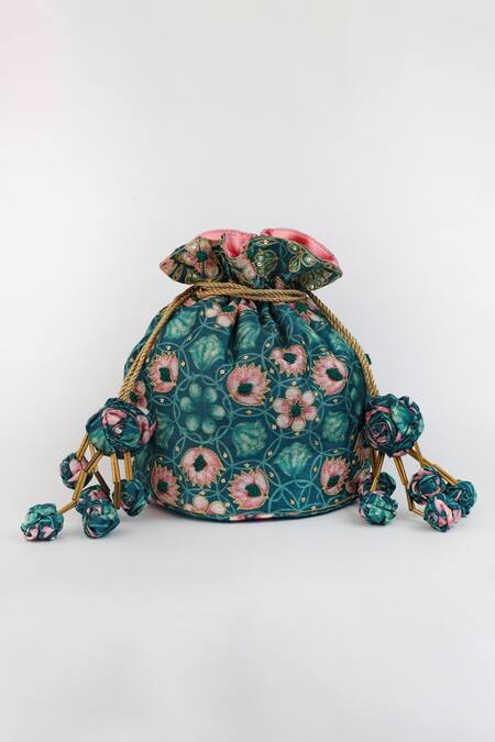 Buy_Vareli Bafna_Green Zari Kamal Phool Print Potli Bag_Online_at_Aza_Fashions