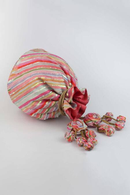 Vareli Bafna_Multi Color Sequins Tirchi Lakeer Print And Embellished Potli Bag _Online_at_Aza_Fashions