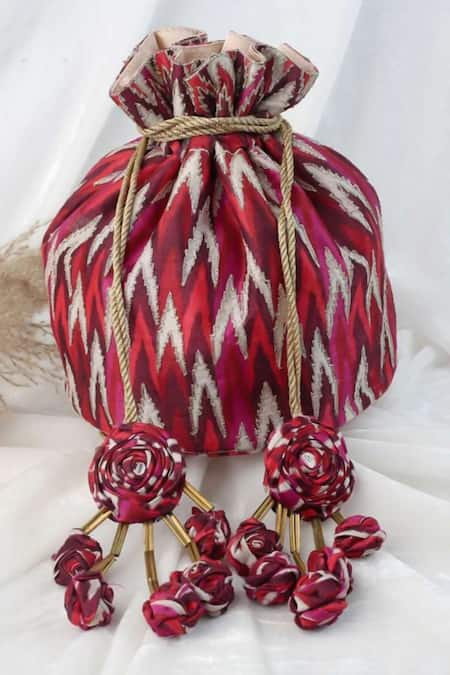 Vareli Bafna Red Zari Ikkat Print And Embroidered Potli Bag 