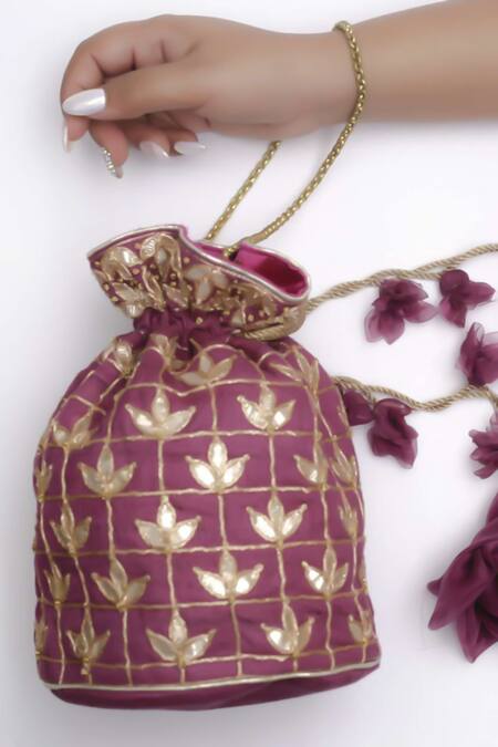 Shop Vareli Bafna Purple Gota Patti, Diamonds Jamunia Buta Leaf Embroidered Potli Bag at Aza Fashions Shop_Vareli Bafna_Purple Gota Patti, Diamonds Jamunia Buta Leaf Embroidered Potli Bag_at_Aza_Fashions