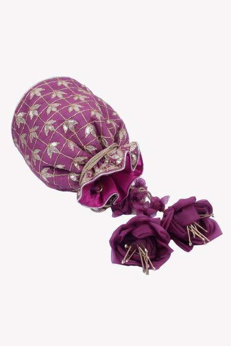 Buy Vareli Bafna Purple Gota Patti, Diamonds Jamunia Buta Leaf Embroidered Potli Bag Online at Aza Fashions Buy_Vareli Bafna_Purple Gota Patti, Diamonds Jamunia Buta Leaf Embroidered Potli Bag_Online_at_Aza_Fashions