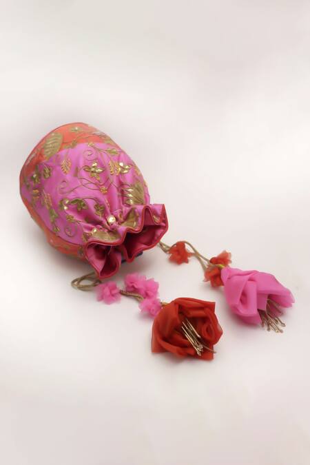 Vareli Bafna Pink Gota Patti Turmali Rosa Dori And Embroidered Potli Bag Online at Aza Fashions Vareli Bafna_Pink Gota Patti Turmali Rosa Dori And Embroidered Potli Bag_Online_at_Aza_Fashions