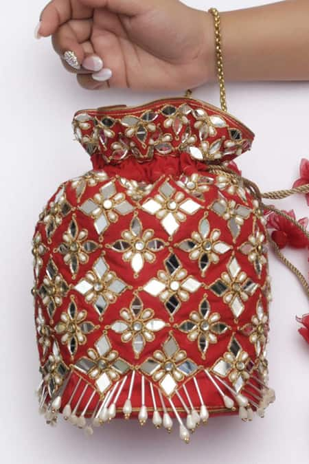 Vareli Bafna Red Mirror Manik Bloom Embroidered Potli Bag 