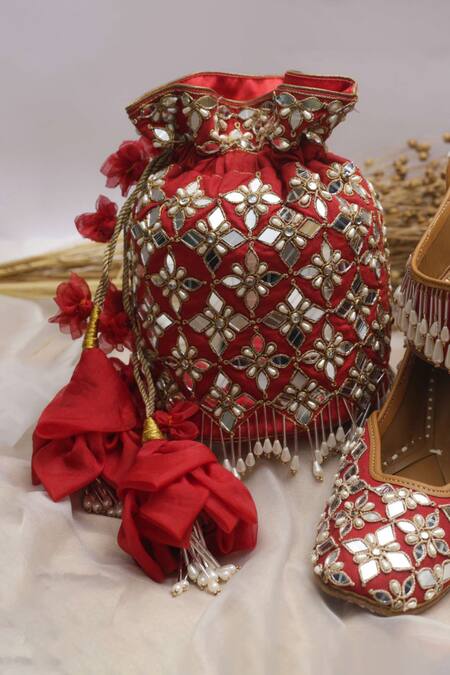 Vareli Bafna_Red Mirrors, Pearls, Zari Manik Bloom Embroidered Potli Bag_Online_at_Aza_Fashions