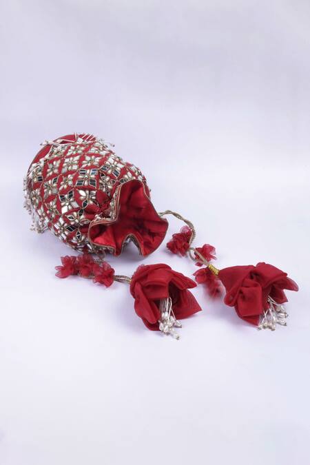 Shop_Vareli Bafna_Red Mirrors, Pearls, Zari Manik Bloom Embroidered Potli Bag_Online_at_Aza_Fashions