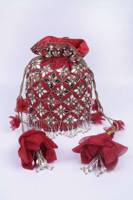 Vareli Bafna_Red Mirrors, Pearls, Zari Manik Bloom Embroidered Potli Bag_at_Aza_Fashions