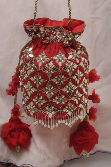 Buy_Vareli Bafna_Red Mirrors, Pearls, Zari Manik Bloom Embroidered Potli Bag