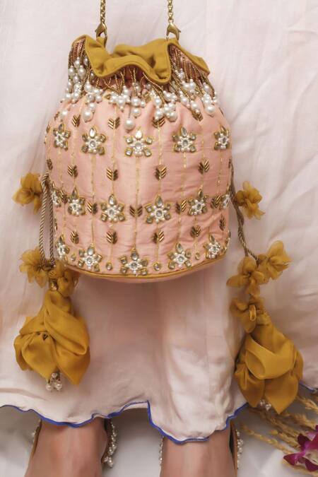 Vareli Bafna_Pink Cut Work, Pearls Gulabi Quartz Kundan Bloom Embroidered Potli Bag _Online_at_Aza_Fashions