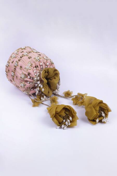 Shop_Vareli Bafna_Pink Cut Work, Pearls Gulabi Quartz Kundan Bloom Embroidered Potli Bag _Online_at_Aza_Fashions