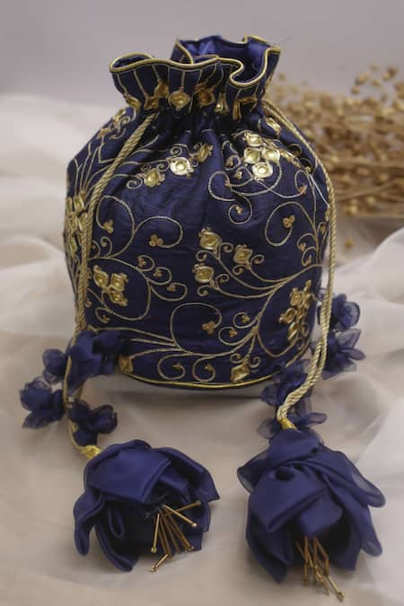 Vareli Bafna Blue Danka Neelam And Zari Embroidered Potli Bag 