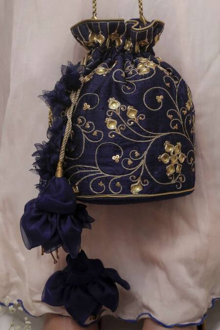 Vareli Bafna_Blue Diamonds, Embroidery Neelam Danka And Zari Potli Bag_at_Aza_Fashions