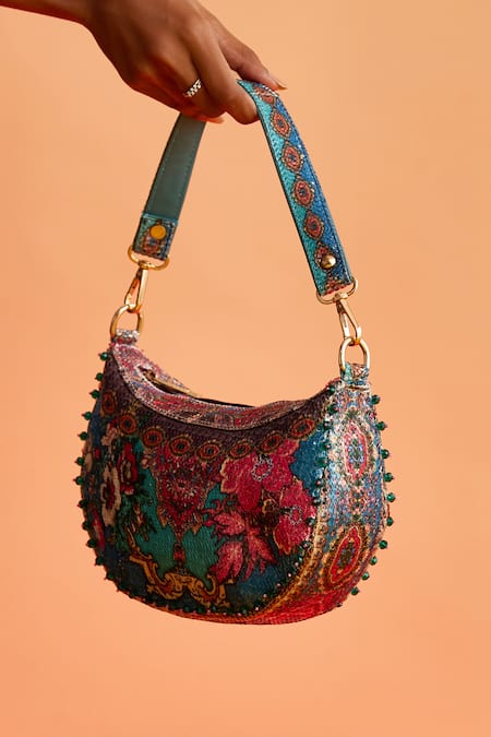 The Garnish Company_Blue Printed Thalia Floral Sequined Crecent Bag _Online_at_Aza_Fashions