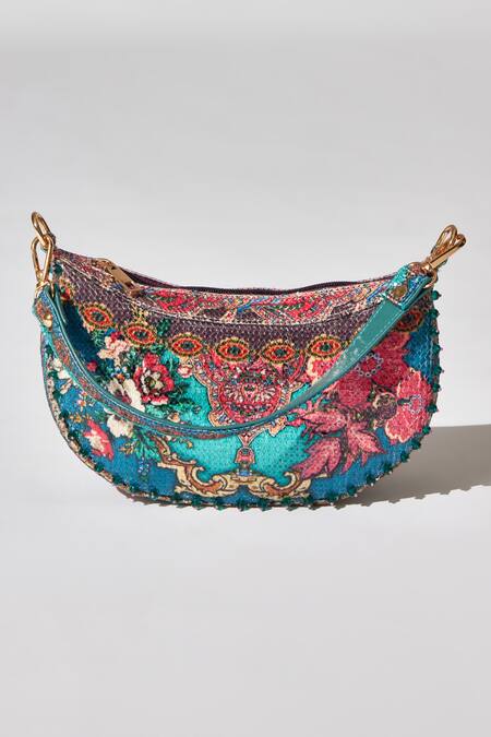 Buy_The Garnish Company_Blue Printed Thalia Floral Sequined Crecent Bag _Online_at_Aza_Fashions