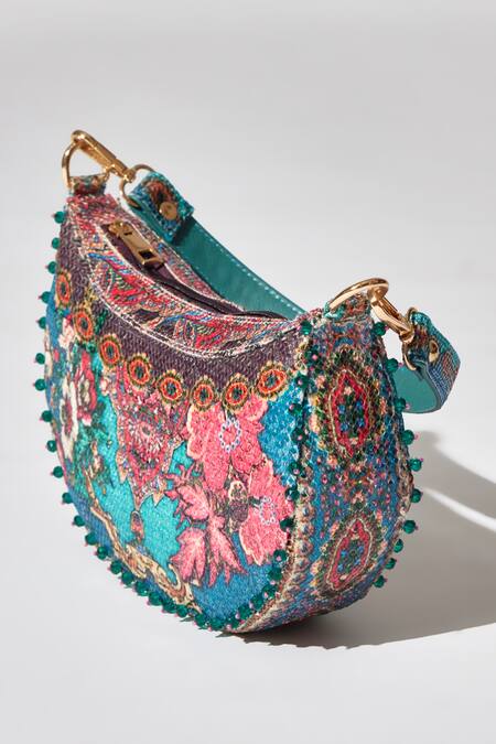 Shop_The Garnish Company_Blue Printed Thalia Floral Sequined Crecent Bag _Online_at_Aza_Fashions