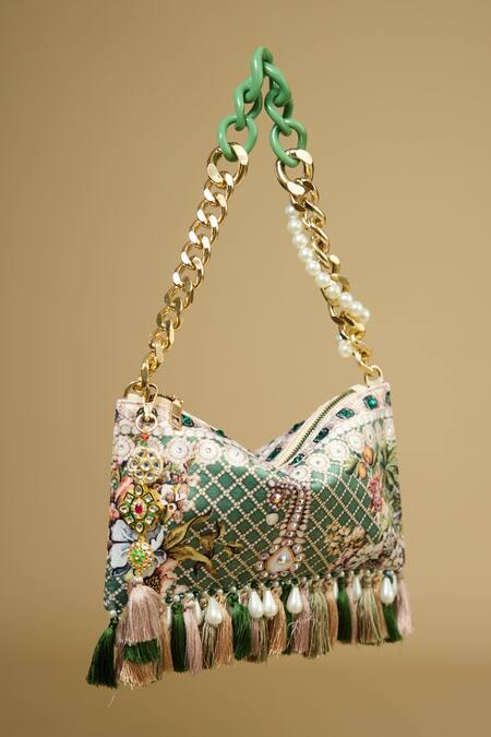 The Garnish Company_Green Printed Ushra Mughal Tasselled Bag _Online_at_Aza_Fashions