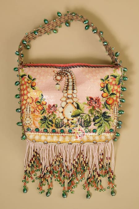 Shop The Garnish Company Pink Sequins, Beads Pakeeza Mughal Print Potli at Aza Fashions Shop_The Garnish Company_Pink Sequins, Beads Pakeeza Mughal Print Potli _at_Aza_Fashions