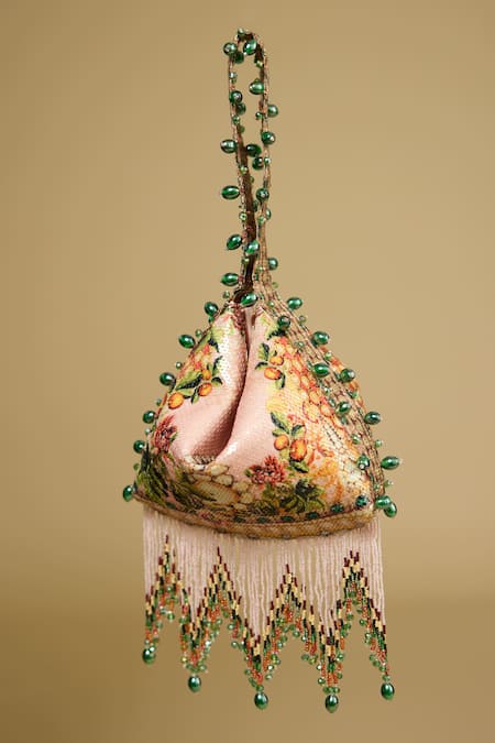 The Garnish Company Pink Sequins, Beads Pakeeza Mughal Print Potli Online at Aza Fashions The Garnish Company_Pink Sequins, Beads Pakeeza Mughal Print Potli _Online_at_Aza_Fashions