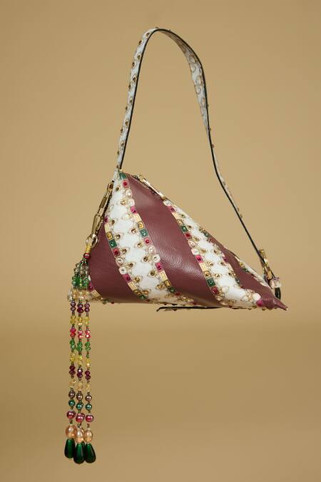 Shop The Garnish Company Maroon Printed Aasir Jewel Triangular Bag at Aza Fashions Shop_The Garnish Company_Maroon Printed Aasir Jewel Triangular Bag _at_Aza_Fashions