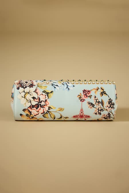 Shop The Garnish Company Blue Printed Hiba Floral Foldable Clutch at Aza Fashions Shop_The Garnish Company_Blue Printed Hiba Floral Foldable Clutch _at_Aza_Fashions