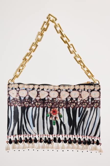 The Garnish Company Black Printed Zebra Animal Tasselled Bag 