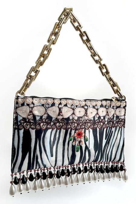Shop The Garnish Company Black Printed Zebra Animal Tasselled Bag at Aza Fashions Shop_The Garnish Company_Black Printed Zebra Animal Tasselled Bag _at_Aza_Fashions