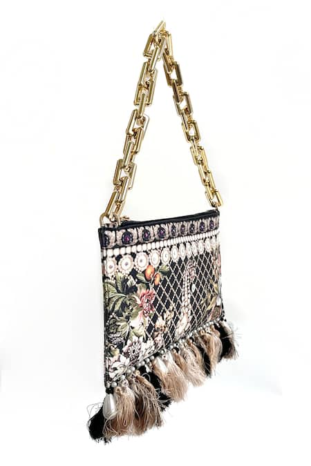 Buy_The Garnish Company_Black Printed Ushra Tasselled Floral Bag _Online_at_Aza_Fashions