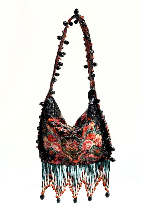 Shop_The Garnish Company_Black Printed Anais Garden Sequined Potli _at_Aza_Fashions